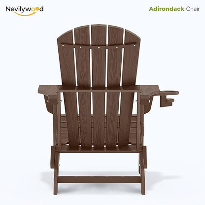 nevilywood Folding Adirondack Chair with Cup Holder Set of 4, HDPE Patio Chairs,All-Weather Outdoor Chairs for Backyard, Deck,Fire Pit-Coffee