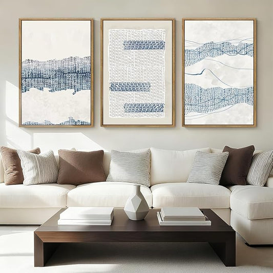 IARTTOP Large Blue Abstract Canvas Wall Art Framed 24x36 Inch Neutral Minimalist Modern Wall Art Mid Century Boho Artwork for Living Room Bedroom Office Set of 3
