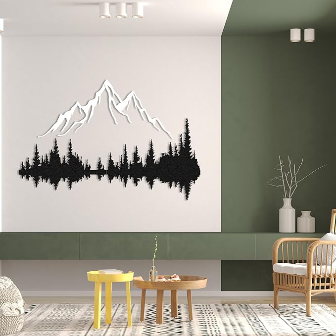 WOCHMANN,Mountain Lake Forest Large Metal Wall Art Black Minimalist Nature Silhouette Wall Decor Outdoor Landscape Wall Sculpture for Living Room, Bedroom, Kitchen or Office (Black & White, 47W'' x 31L'', Unframed)