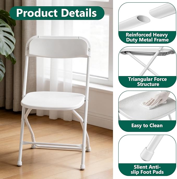 12 Pack White Plastic Folding Chairs, Outdoor Portable Folding Chair with Steel Frame, 350lbs Capacity Stackable Foldable Chairs for Patio, Garden, Picnic, Kitchen, Events