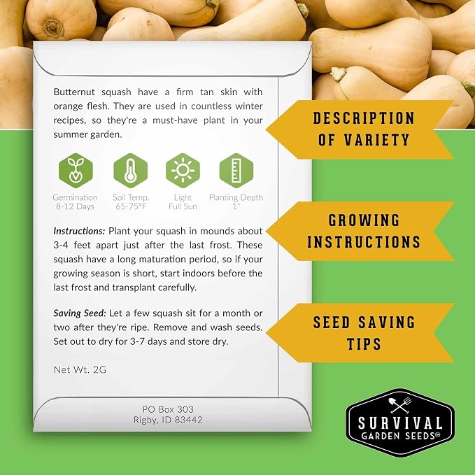 Winter Squash Seeds for Planting - 4 Variety Pack with Butternut, Acorn, Spaghetti & Pink Banana - Heirloom, Open Pollinated Seed - Long-Term Food Storage Vegetables - Survival Garden Seeds