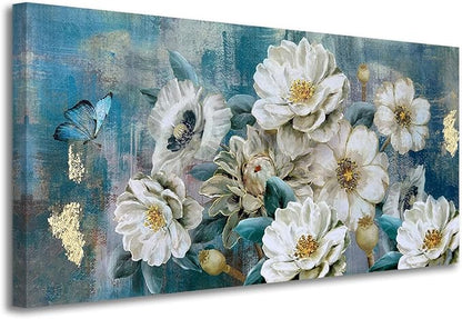 Arjun Flower Canvas Wall Art for Bedroom White Elegant Teal Picture, Textured Floral Magnolia Aesthetic Painting Living Room Wall Decor Turquoise Large Artwork Dining Room Home Office 40"x20"
