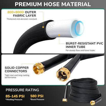 Lightweight Flat Garden Hose 50 FT, 3/4" GHT Flexible Water Hose with Spray Nozzle, Durable 800D Fabric, Kink Free Design, Portable Garden Hose for Lawn, Yard, Car Wash