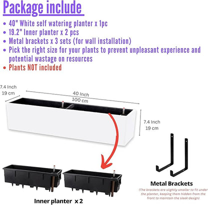 LaLaGreen Planter Boxes Outdoor (40 Inch, 1 Pack) Rectangular Self Watering System Window Flower Boxes with Bracket, Large White Planters Vertical Plant Container Hanging Wall Mount Indoor Succulents
