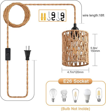 Plug in Pendant Light, Industrial Hanging Light with Plug in Cord Hemp Rope On/Off Switch Farmhouse Pendant Lamp with Plug in Cord, Vintage Hanging Lamps for Dining Room