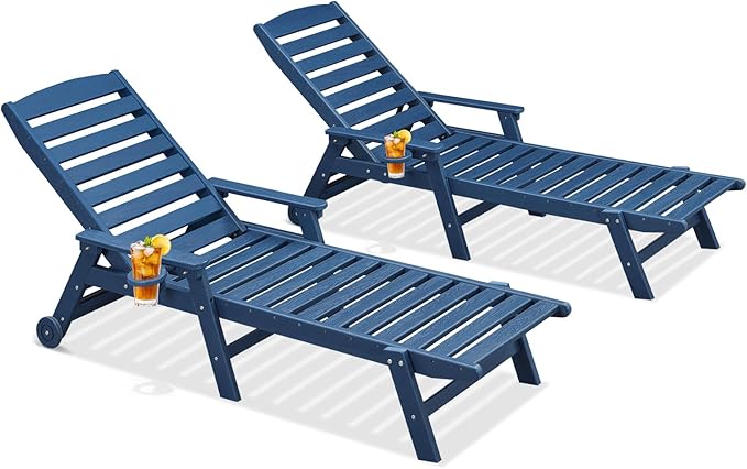 HDPE Outdoor Chaise Lounge Set of 2, 5-Position Adjustable Outdoor Lounger with Wheels & Cup Holder, 78.4'' Poly Lounge Chairs Furniture, HDPE Patio Lounge Chairs for Deck, Pool, Beach, Navy