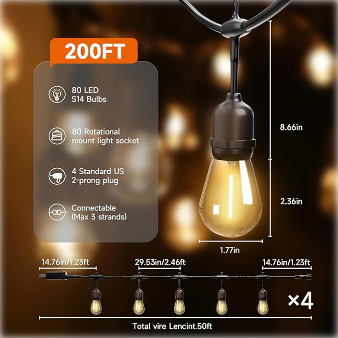 Outdoor Safety String Lights 200FT - Commercial Grade Low Voltage Strand with 80 S14 Shatterproof Bulbs for Tree Garden Yard bistro Cafe | Warm Yellow 3500K Party Lights | IP65 Waterproof | UL Listed