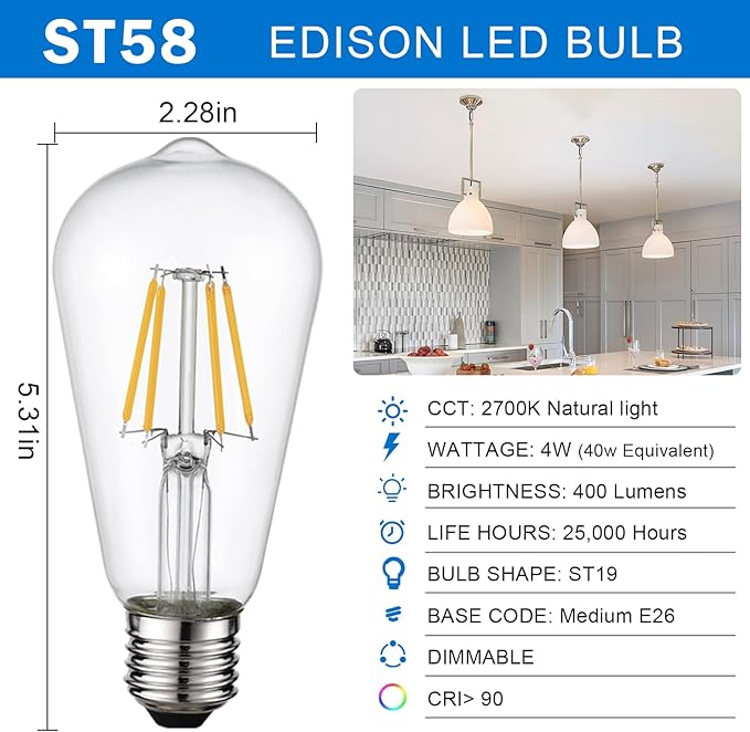 HESSION Vintage LED Edison Bulb,6 Pack 4W Equivalent 40W Medium E26 400LM Warm White 2700K Led Bulbs, Dimmable Light Bulbs, ST58 Antique LED Filament Bulbs, Clear Glass Style for Home