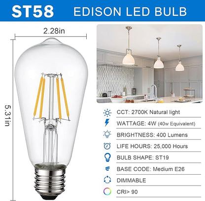 HESSION Vintage LED Edison Bulb,6 Pack 4W Equivalent 40W Medium E26 400LM Warm White 2700K Led Bulbs, Dimmable Light Bulbs, ST58 Antique LED Filament Bulbs, Clear Glass Style for Home