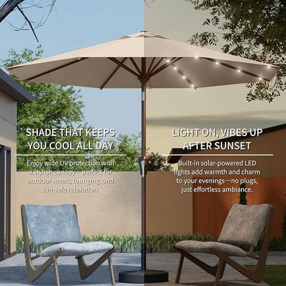 9FT Solar Umbrella 32 LED Lighted Patio Umbrella Table Market Umbrella w/Tilt and Crank, UV-Resistant Outdoor Umbrella for Pool, Garden, Deck, Beige