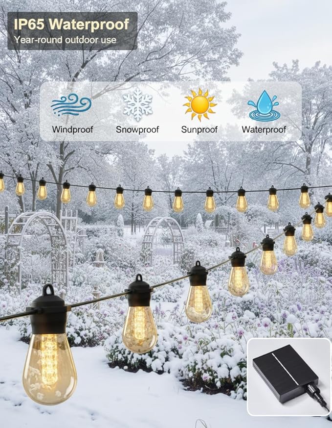 Outdoor Solar String Lights S14, 36FT Patio Lights with 15 LED Bulbs, 3000K Solar Lights Outdoor with Remote & App Control, Solar String Lights for Outside, Camping, Yard, Party Decor, Warm White