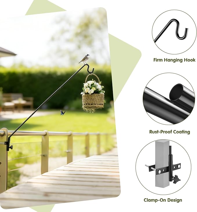 MIXXIDEA Extended Fence Deck Hook Rail Heavy Duty Bird Feeder Hook, Adjustable Plant Bracket for Bird Feeders, Planters, Suet Baskets, Lanterns, Wind Chimes and More