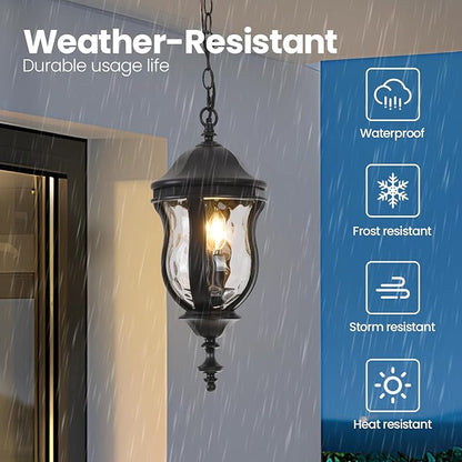 Large Outdoor Pendant Light Fixtures, 19.1'' Exterior Hanging Lantern Porch Light Adjustable, Black Hanging Lamp Farmhouse Exterior Chandelier Ceiling Mount for Entrance Patio