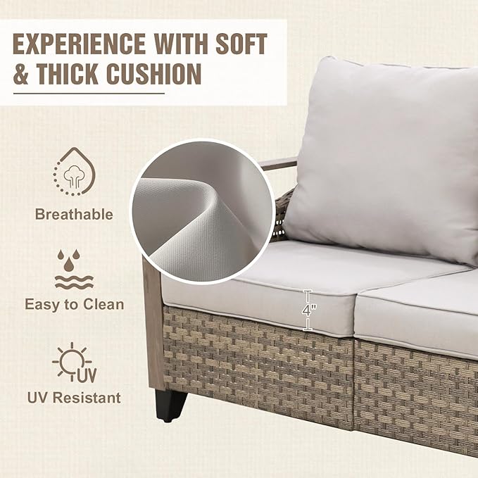 Modern Wicker Patio Furniture Set, Rattan Outdoor Conversation Set with Comfortable Cushions, 2 Patio Chairs, 2 Seat Loveseat, 2 Ottomans and Coffee Table, 6 Pieces, Brown/Gray