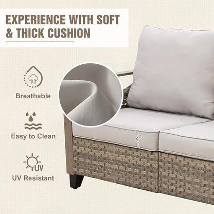 Modern Wicker Patio Furniture Set, Rattan Outdoor Conversation Set with Comfortable Cushions, 2 Patio Chairs, 2 Seat Loveseat, 2 Ottomans and Coffee Table, 6 Pieces, Brown/Gray
