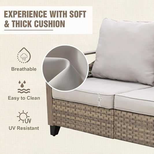 Modern Wicker Patio Furniture Set, Rattan Outdoor Conversation Set with Comfortable Cushions, 2 Patio Chairs, 2 Seat Loveseat, 2 Ottomans and Coffee Table, 6 Pieces, Brown/Gray