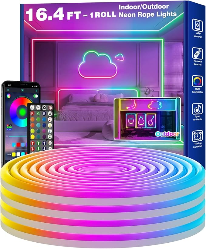 RCUICA 16.4FT LED Neon Rope Lights Waterproof with Smart App Control Remote,DIY Scene Modes,Music Sync hronization,Eaves Lights for Garden Decor,Deck,Christmas