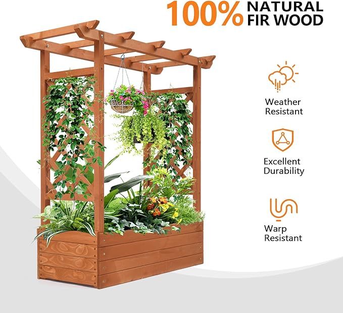 VINGLI Raised Garden Bed with Trellis & Hanging Roof, Wooden Garden Bed, Outdoor Planter Box for Yard, Garden, Balcony
