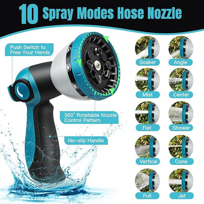 Gardentime 50FT Non-Expandable Garden Hose, Heavy Duty Flexible Water Hose with Leakproof 3/4" Fittings 10 Modes Spray Nozzle, Kink-Free, Lightweight & Durable for Yard, Lawn, Garden & Outdoor Use