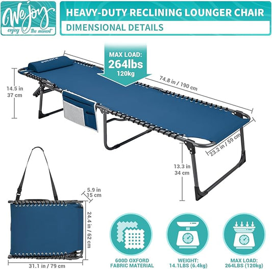 #WEJOY Folding Lounge Chair Outdoor, 5-Position Adjustable Sunbathing Tanning Chair with Shoulder Strap & Side Pocket, Heavy Duty Reclining Chair for Patio Pool Camping, Portable Folding Bed Cot,Blue