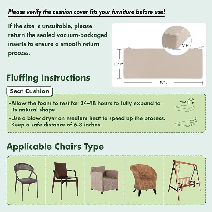 MIULEE Beige Outdoor Bench Cushion Set of 1, 48x18x3 Inch Waterproof Patio Seat Cushions for Swing and Outdoor Furniture Couch Sofa, 3 Year Color Fastness High Density Foam with Adjustable Ties