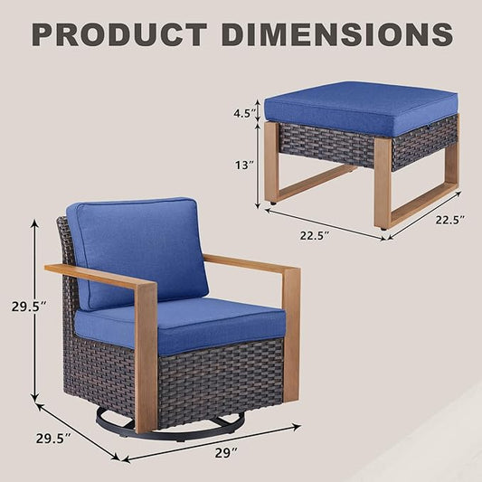 Rilyson Outdoor Wicker Patio Furniture Set - 4 Piece Patio Conversation Set with 2 Wicker Swivel Rocker Chairs,2 Rattan Ottoman, Thick Cushions, Deep Seating, Wide Armrest(Brown/Blue)