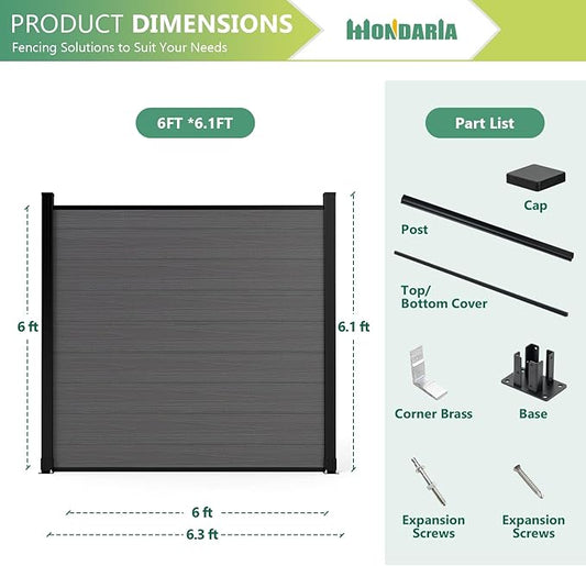 Mondaria Privacy Fence Panels for Outside, 6ft(W) x 6ft(H) Outdoor Fence with 2 Posts, Wind Resistant Wood Plastic Composite Fencing Panels for Patio,Backyard,Garden and Swimming Pool(Silver Gray)