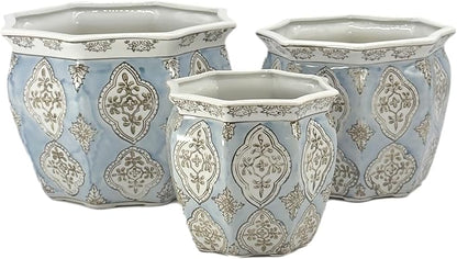 Galt International Light Blue & White Round Fluted Floral Porcelain Ceramic Plant Flower Planter Pot Set of 3 (7.5", 10", 13") Garden Pots Chinese Asian Design