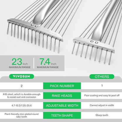 VIVOSUN 2-Piece Leaf Rake Set - Adjustable Garden/Camping Rake with 15/9 Tines, Collapsing Tines & Telescopic Handle (64'' & 30'')