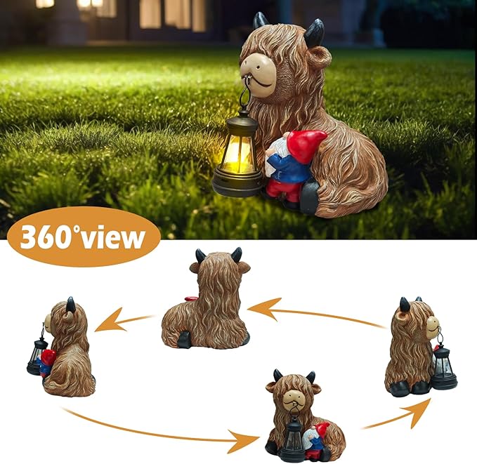 Highland Cow Gnome Solar Statues Decor - Garden Gnomes Statues Highland Cattle Mouth with Lights, Outdoor Ornaments Funny Decoration for Yard, Patio, Unique Gifts Birthday for Women, Mother Day