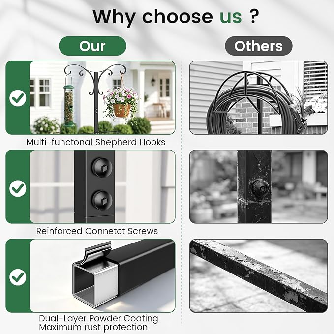 71 Inch Garden Hose Holder,Heavy Duty Free Standing Hose Rack with 6 Shepherd Hooks & 6 Hangers,Holds Up to 160ft Hose,Outdoor Hose Storage for Garden, Yard & Patio