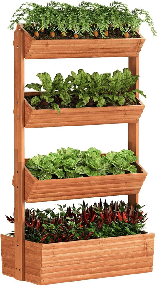 Vertical Wooden Raised Garden Bed, Garden Planters Freestanding Wood Plant Stand Flower Rack Wooden Planter Box for Plants Herbs Flowers Vegetables Outdoor Indoor Gardening (4-Tier Brown)