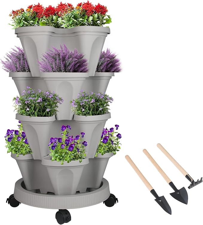 GameXcel Vertical Planter Tower- 4 Tier Stackable Garden Planter with Wheels and Tool Set – Grow Strawberries Herbs Flowers and Vegetables - Indoor Outdoor Use Gray