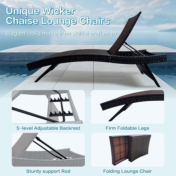 Set of Foldable Long Reclining Patio Seating Chairs, 2 Folding Chairs Patio Chaise Lounge, Outdoor Wicker Lounge Chaise, Rattan Chaise Lounge Lawn Sunbathing Recliner Beach Pool Backrest Recliners