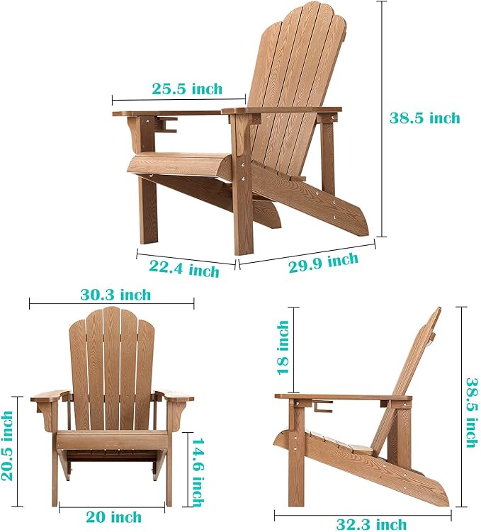 hOmeHua Adirondack Chair Weather Resistant, Hard Plastic Adirondack Chair with Cup Holder, Comfortable Easy to Assemble and Maintain,Outdoor Chair for Patio, Backyard Deck, Fire Pit - Wood Color