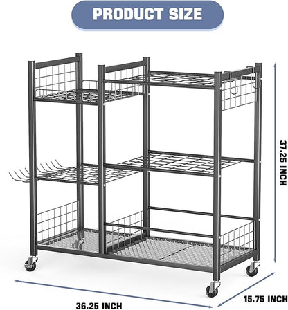 WALMANN Large Garden Tool Organizer with Wheels for Garage, Rakes/Shovels/Yard Tools Storage Stand for Yard, Garden, Indoor/Outdoor Long-Handled Tools Rolling Cart(Tool stand with shelves)