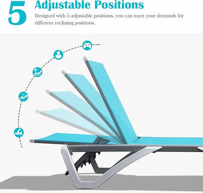 Domi Outdoor Lounge Chair, Aluminum Patio Chaise Lounge with 5 Position Adjustable Backrest and Wheels, All Weather Reclining Chair with Side Table for Patio, Yard,Balcony,Poolside (Lake Blue)