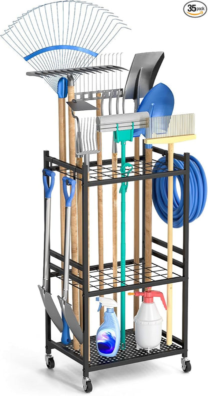 DAOUTIME Garden Organizer With Wheels, Yard Tower Rack for Garage Storage, Up to 35 Long-Handled Tools, Sturdy Metal Steel Holder With 3 Hooks, Outdoor, Black