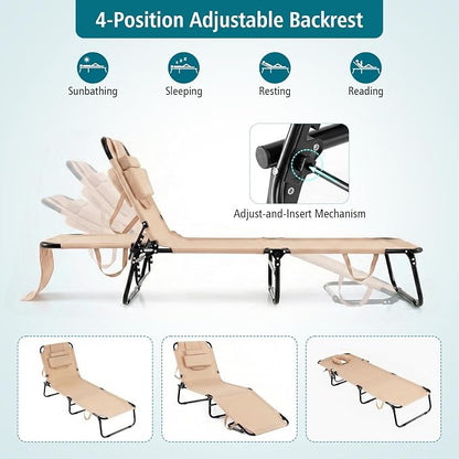 GYMAX Tanning Chair, 330lbs Beach Lounge Chair with Face Hole, Washable Pillow & Carry Strap, Adjustable Folding Chaise Lounge, Layout Lounger for Outside, Patio, Poolside, Lawn (2, Beige)