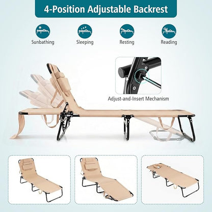 GYMAX Tanning Chair, Folding Lounge Chairs with Face Hole & Cover, Removable Pillow Carry Handle, Portable Compact Outdoor Layout Recliner for Beach, Poolside, Lawn, Patio, Camping (Sand,1)