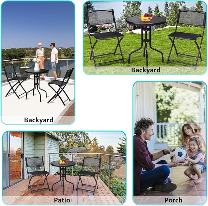 Giantex 3 Pcs Bistro Set Garden Backyard Round Table Folding Chairs, with Rust-Proof Steel Frames & Reinforced Glass Design Outdoor Patio Furniture, Black