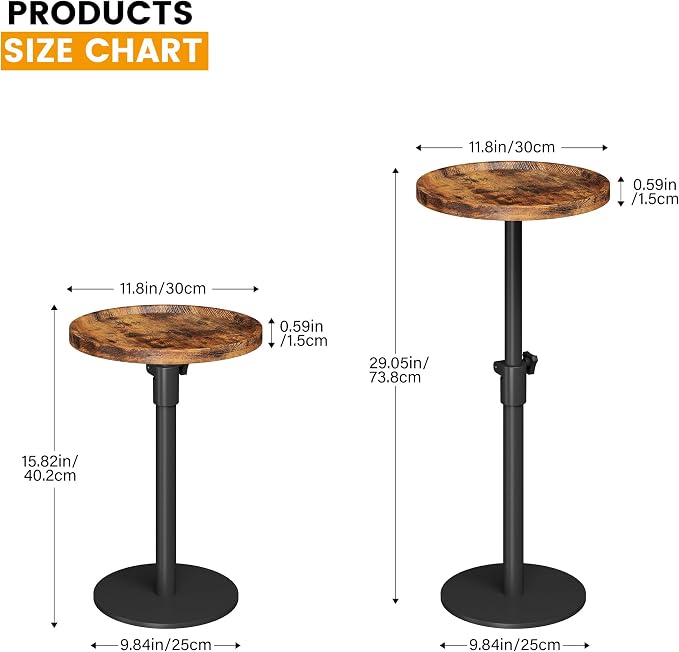 Homeiju Set of 2 Adjustable Round Side Table, Pedestal End Table for Small Spaces, Wooden Couch Table, Tall Drink Table for Living Room, Bedroom, Patio, Brown
