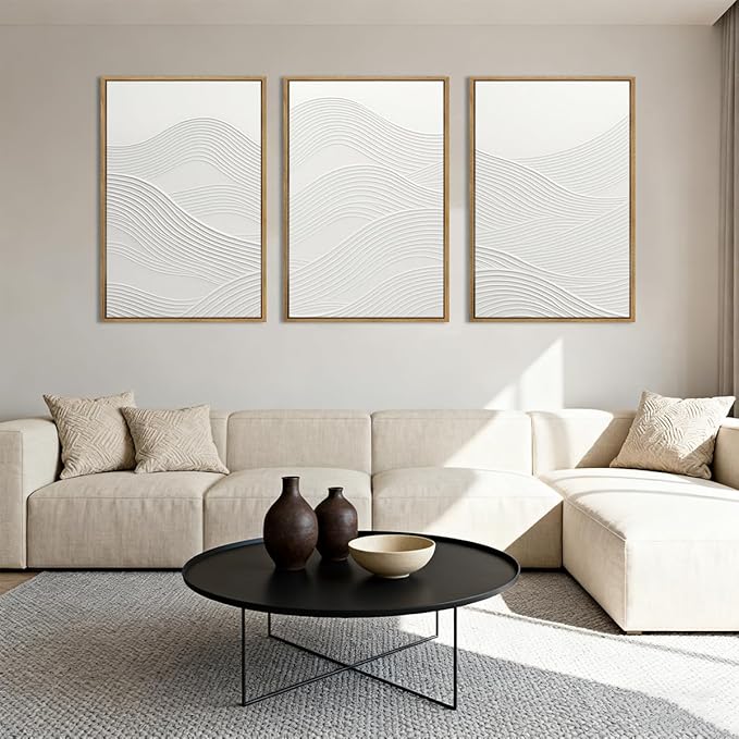 Anyzal Large White Textured Framed Wall Art 16x24 Inch Neutral Abstract Modern Canvas Wall Decor Gray Minimalist Ocean Waves Artwork for Living Room Bedroom Office Set of 3