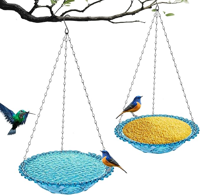 2 Pack Hanging Plastic Bird Baths and Feeders Set for Outdoors, Bird Water Bowls & Seed Trays to Attract Wild Birds, Garden Yard Decor Gift, Blue