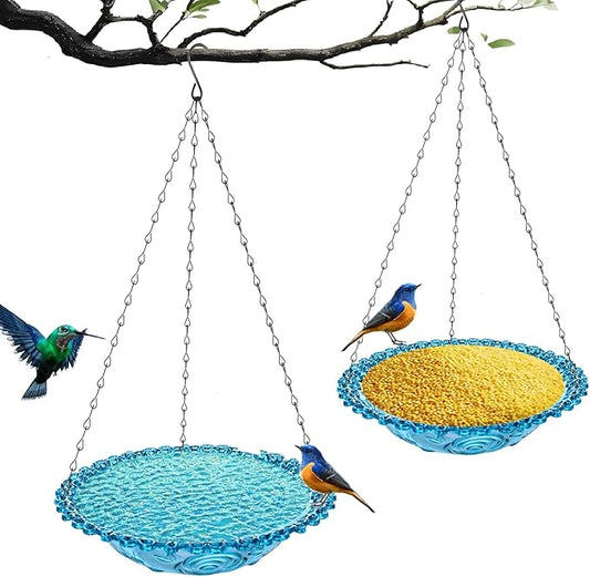 2 Pack Hanging Plastic Bird Baths and Feeders Set for Outdoors, Bird Water Bowls & Seed Trays to Attract Wild Birds, Garden Yard Decor Gift, Blue