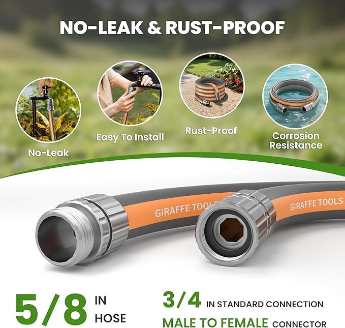 Giraffe Tools 10FT Garden Hose, 5/8" Lightweight Lay Flat Water Hose, No-Kink, Flexible Gardening Hose with Male to Female Aluminum Fitting, Customizable-Length Hose Pipe for Yard