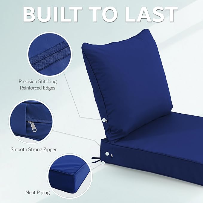 19x19 Inch Patio Chair Cushions Set of 4, Outdoor Furniture Cushions - Removable Cover, Water-Repellent, Fade-Resistant, Non-Slip Bottom & Straps, Replacement for Lawn, Porch & Deck Chair - Navy