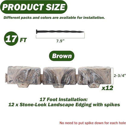 Landscape Edging Garden Edging Border Faux Stone Edging,17FT x 2.75 in Tall Decorative Stone-Look Garden Border for Flower Bed Edging,Yard Edging,Lawn Trees and Gardens,with Anchoring Spikes,Brown
