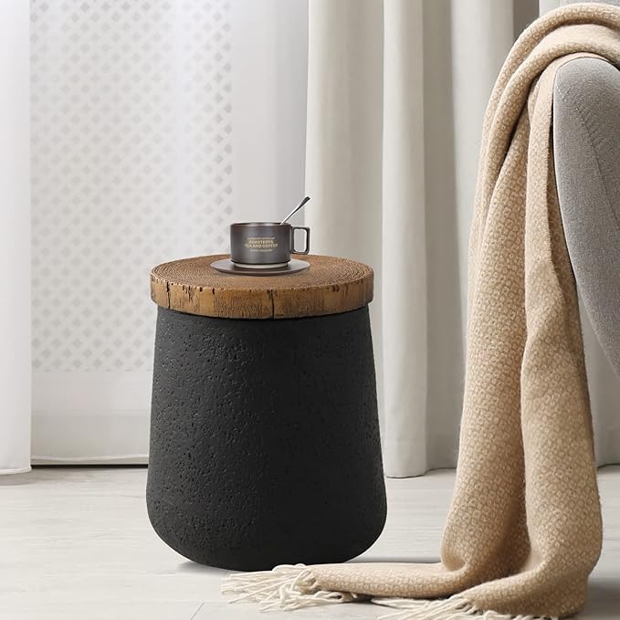 HOMPUS Outdoor Concrete Side Table, Patio Black Side Table, Small Outdoor Accent End with Wood Grain Top, Cylinder Shaped Round for Patio, Outside, Black