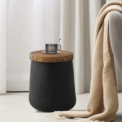 HOMPUS Outdoor Concrete Side Table, Patio Black Side Table, Small Outdoor Accent End with Wood Grain Top, Cylinder Shaped Round for Patio, Outside, Black